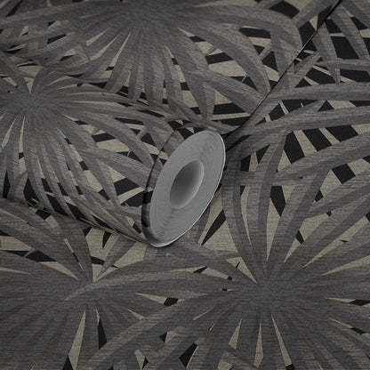 Marrakech Palms Wallpaper - Grey/Metallic Silver/Black