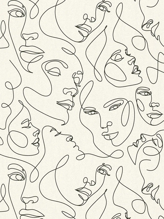 Muse Line Art Face wallpaper in black/white – flat pattern