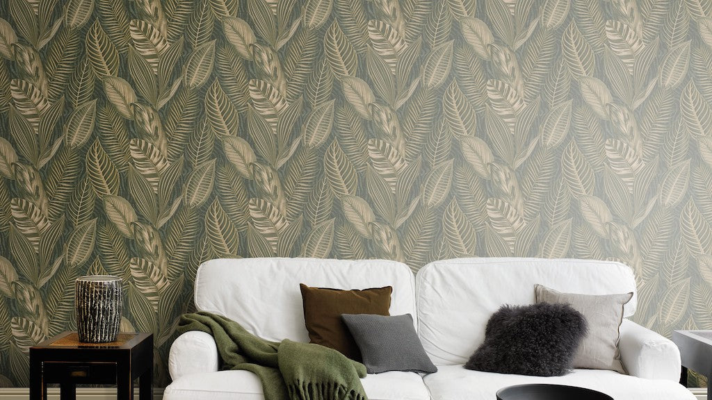 Exotic Leaves Wallpaper - Dark Green and Gold