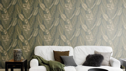 Exotic Leaves Wallpaper - Dark Green and Gold