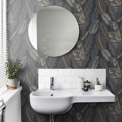 Exotic Leaves Wallpaper - Dark Blue and Copper