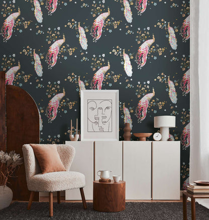 Majestic Peacock & Blossom Wallpaper - House of Turnowsky - Black