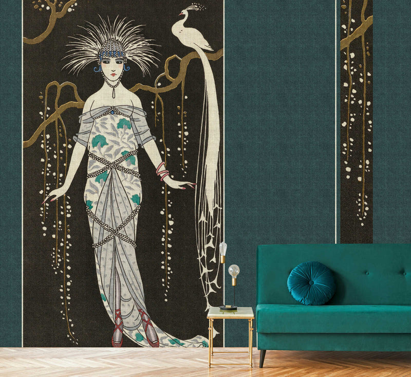 Adlon 2 - Vintage Lady With Peacock - Blue - Custom Sized Wallpaper Mural (per m2)