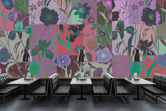 Floral Patchwork - Purple - Custom Sized Wallpaper Mural (per m2)