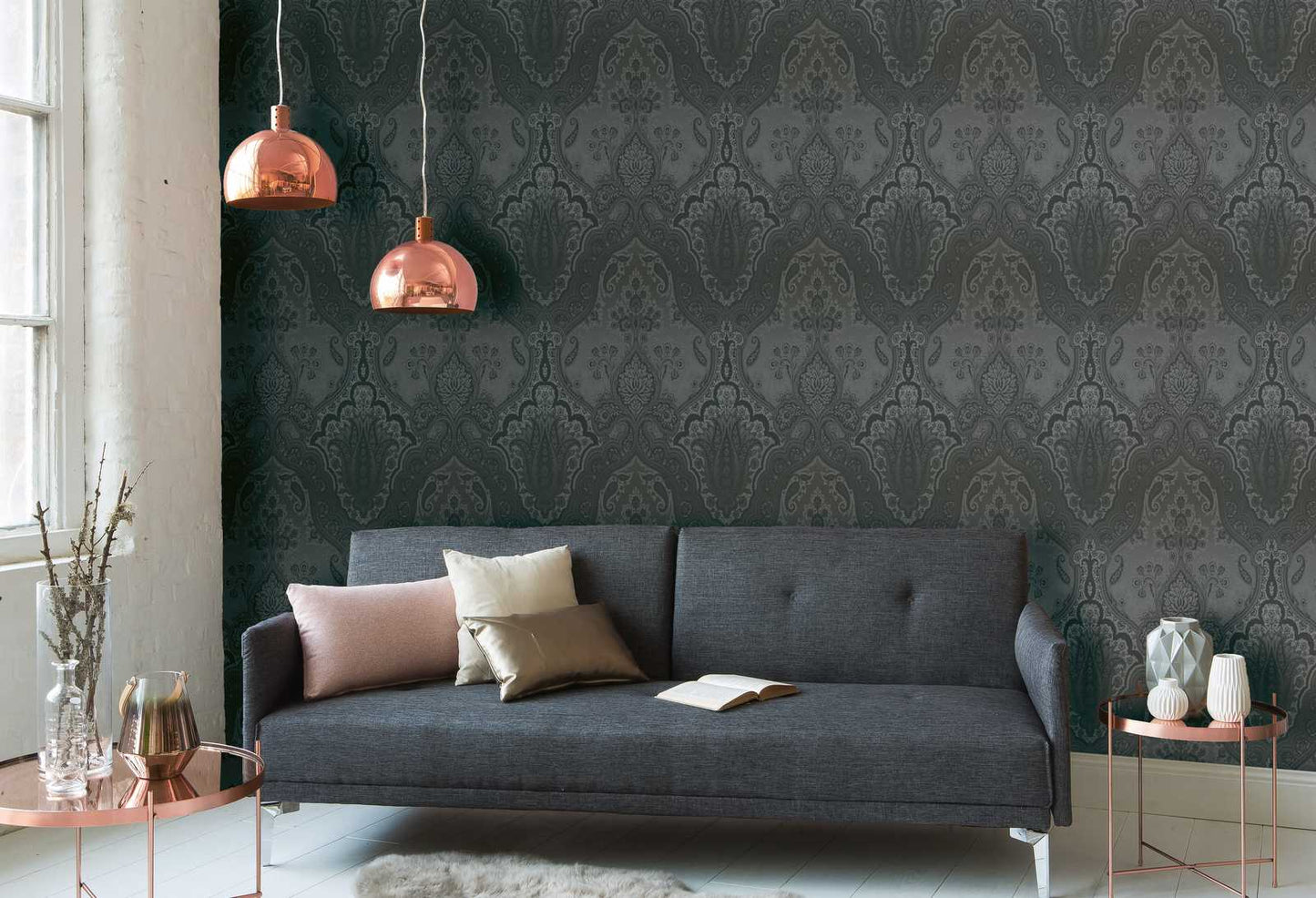 Damask Wallpaper - Black Silver - EXTRA WIDE