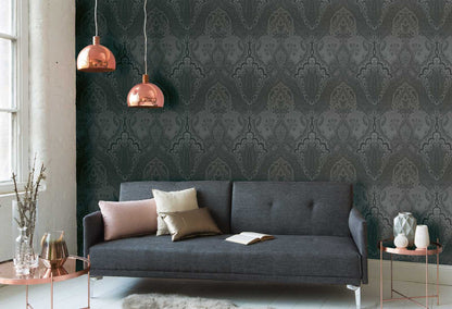 Damask Wallpaper - Black Silver - EXTRA WIDE