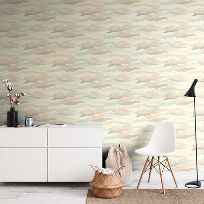 Graphic Wave and Palm Wallpaper - Pink/Blue/White