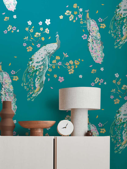 Majestic Peacock & Blossom Wallpaper - House of Turnowsky - Turquoise