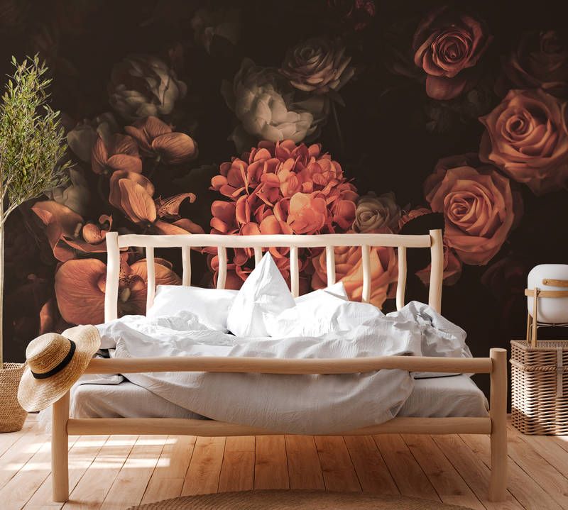 Romantic Flowers - Orange Tint - Custom Sized Wallpaper Mural (per m2)