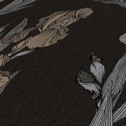 Iris Floral - Textured Vinyl Wallpaper - Black Taupe