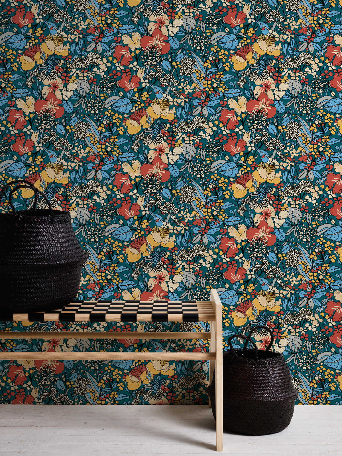 Floral Impression Wallpaper - Blue & Yellow