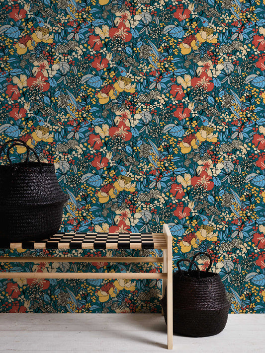 Floral Impression Wallpaper - Blue & Yellow
