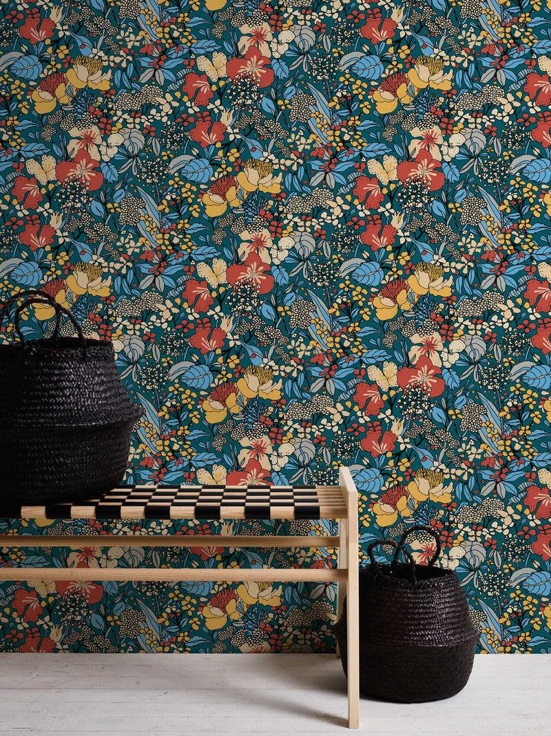 Floral Impression Wallpaper - Blue + Yellow