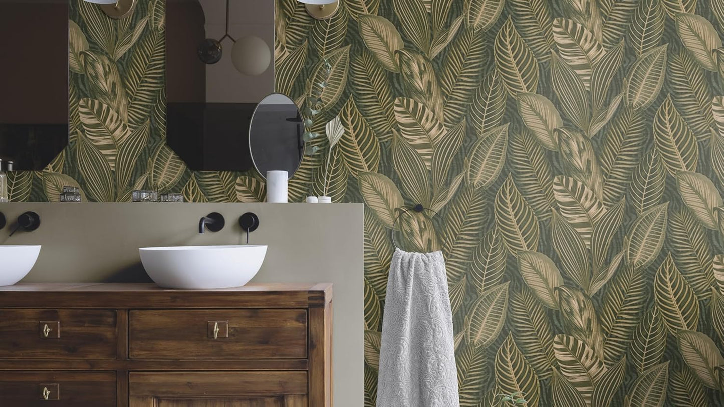 Exotic Leaves Wallpaper - Dark Green and Gold
