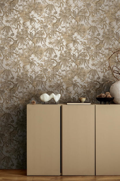Sepia Memories -  Jungle Wallpaper - Beige Metallic