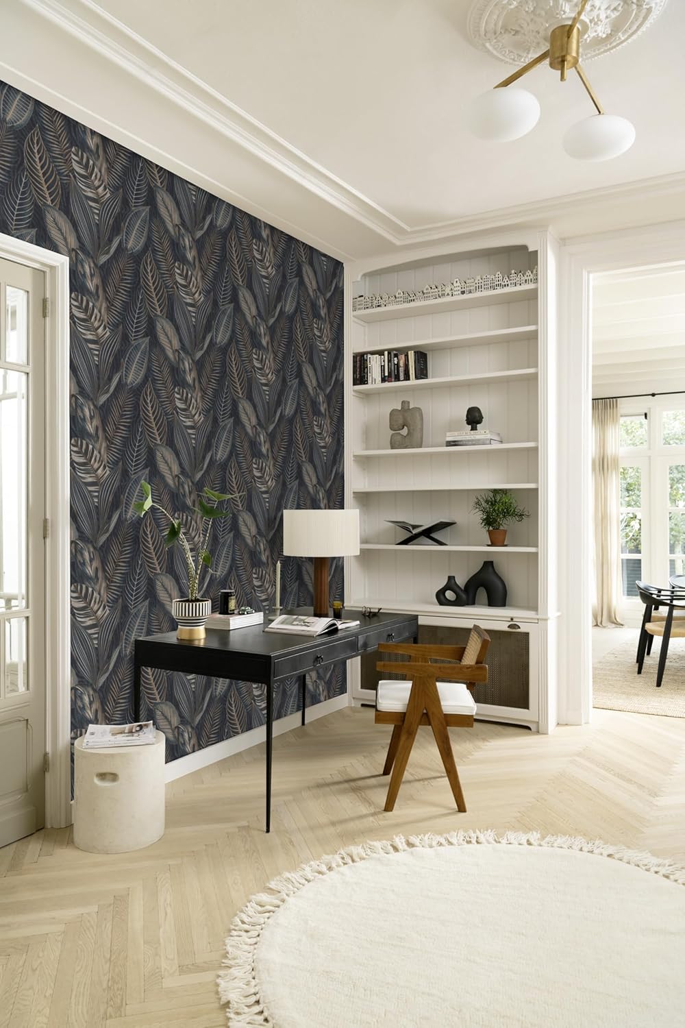 Exotic Leaves Wallpaper - Dark Blue and Copper