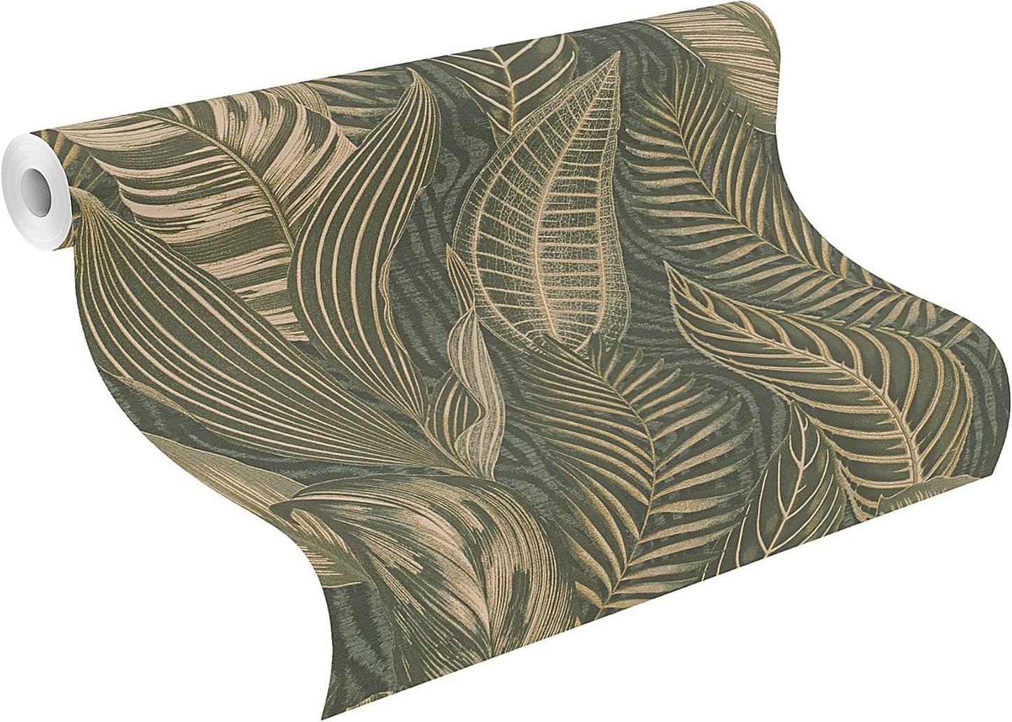 Exotic Leaves Wallpaper - Dark Green and Gold