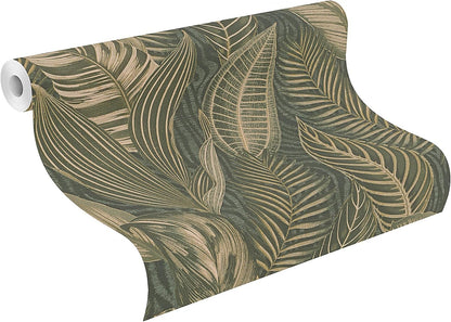 Exotic Leaves Wallpaper - Dark Green and Gold