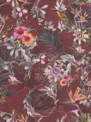 Sample – Hibiscus Haven – Crane & Bloom Wallpaper – Maroon
