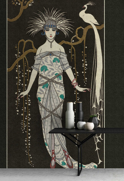 Adlon 2 - Vintage Lady With Peacock - Black  - Custom Sized Wallpaper Mural (per m2)