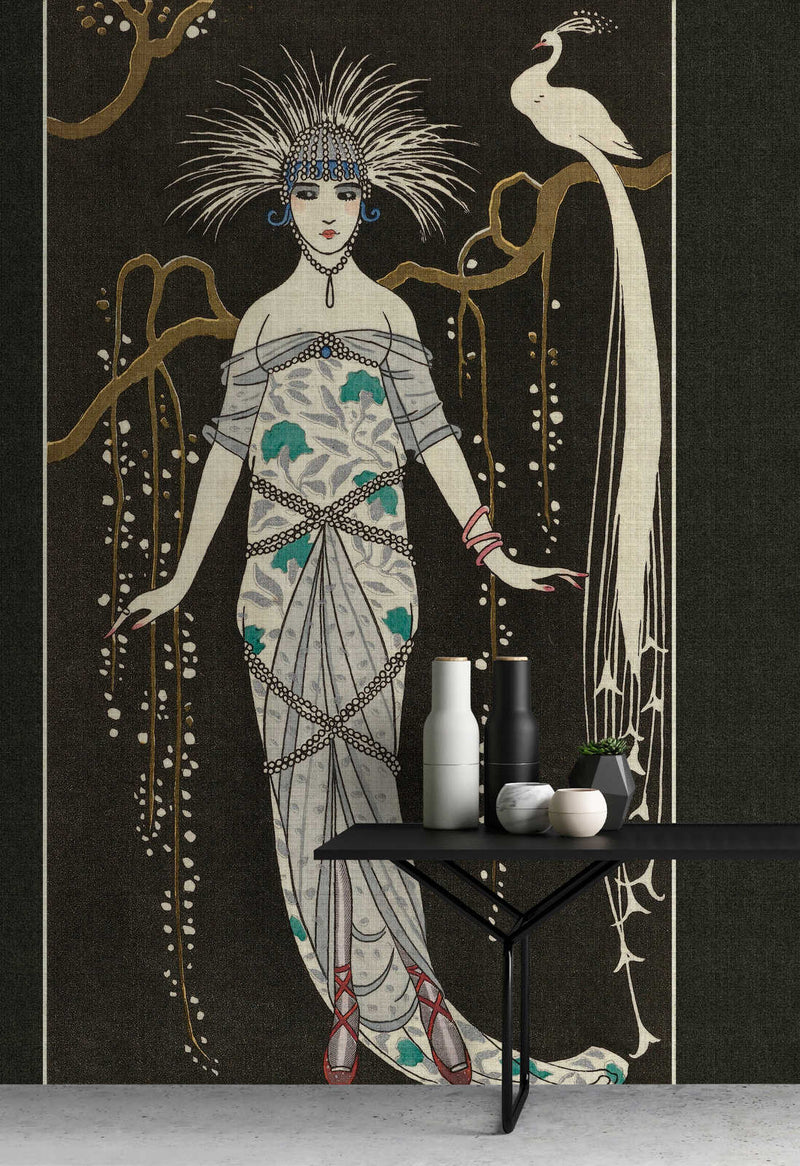 Adlon 2 - Vintage Lady With Peacock - Black  - Custom Sized Wallpaper Mural (per m2)