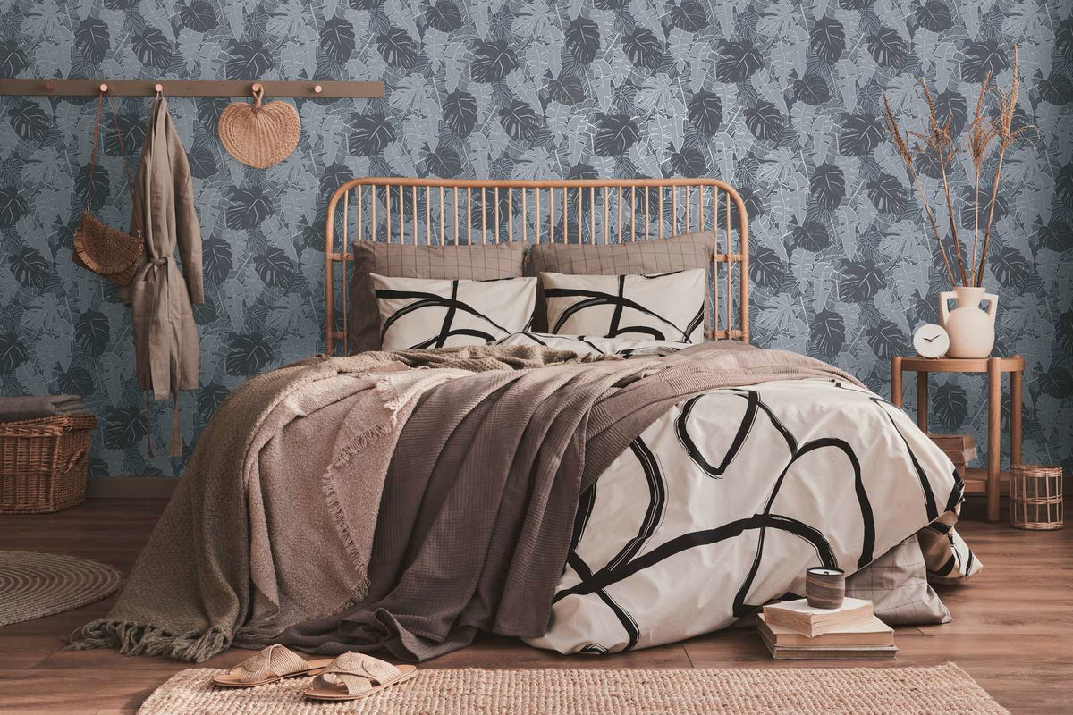 Metallic Monstera Fronds Wallpaper - House of Turnowsky - Blue