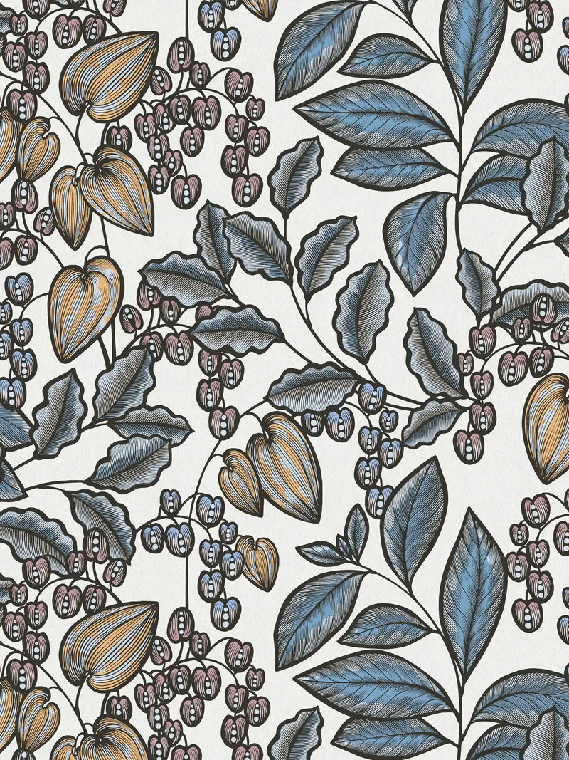 Sample - Floral Vine Wallpaper - White/Blue