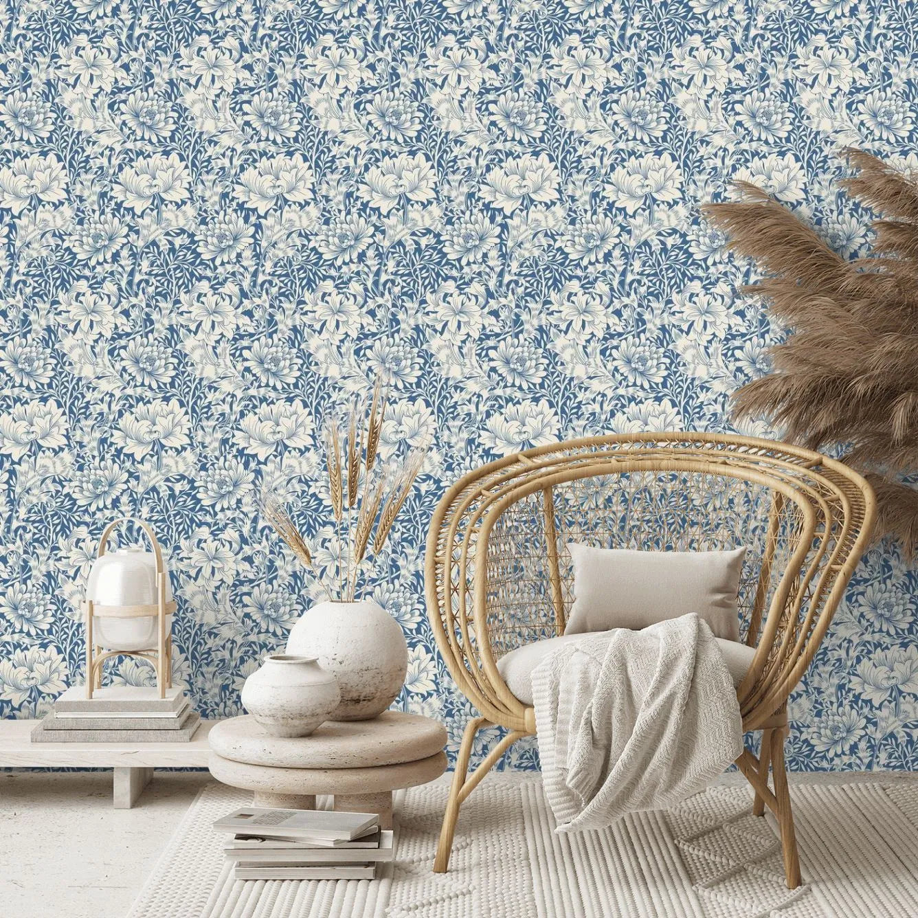 Chrysanthemum - Eden by Morris Wallpaper - Indigo Blue