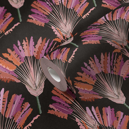 Watercolour Fan Trees Wallpaper - Black/Pink - Discontinuing