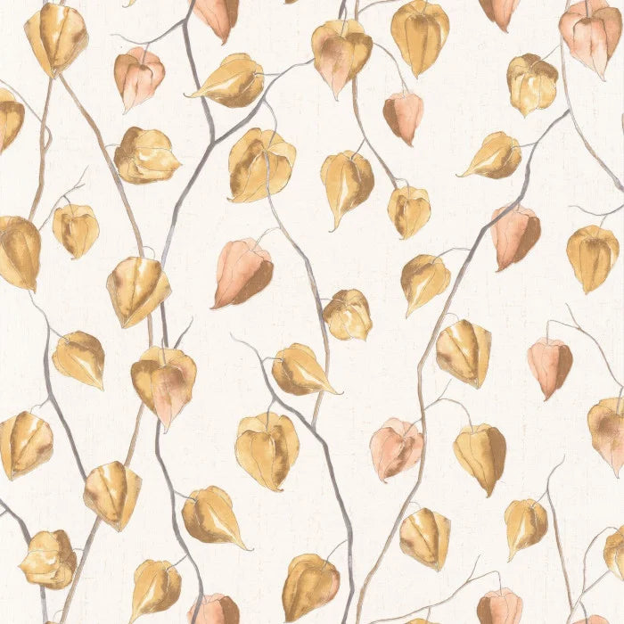 Sample - Lanternes Ginkgo Wallpaper - Yellow on White