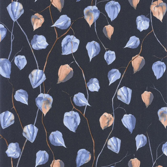 Sample - Lanternes Ginkgo Wallpaper - Blue on Midnight Blue