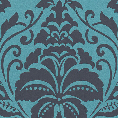 Metallic Baroque Damask Wallpaper - Peacock Black - Discontinuing