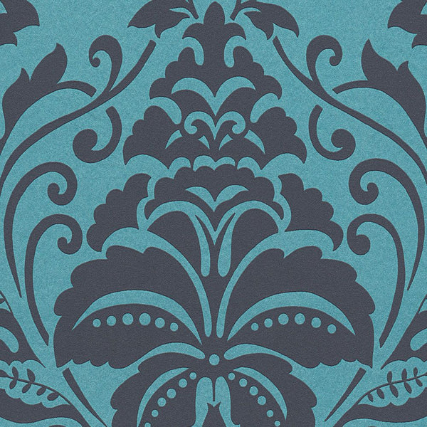 Sample - Metallic Baroque Damask Wallpaper - Peacock Black