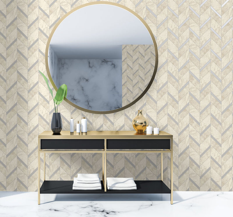 Carrara Tile Wallpaper - Cream/Silver
