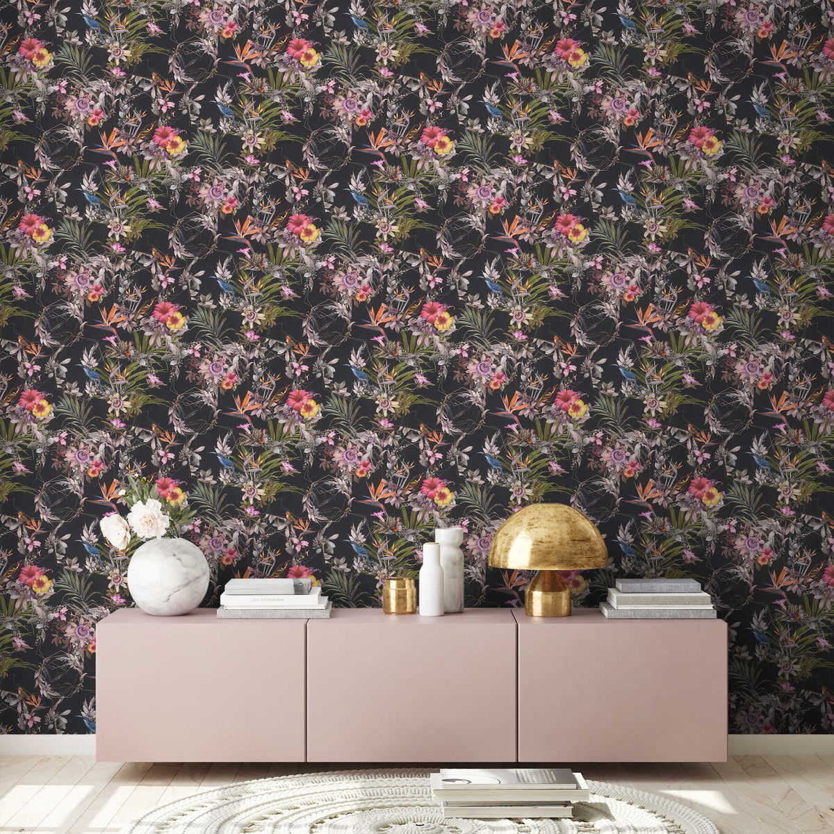 Hibiscus Haven – Crane & Bloom Wallpaper – Charcoal