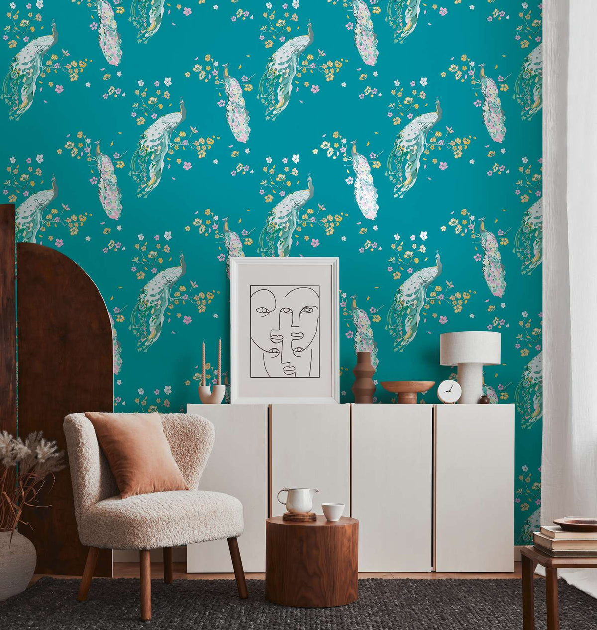 Majestic Peacock & Blossom Wallpaper - House of Turnowsky - Turquoise