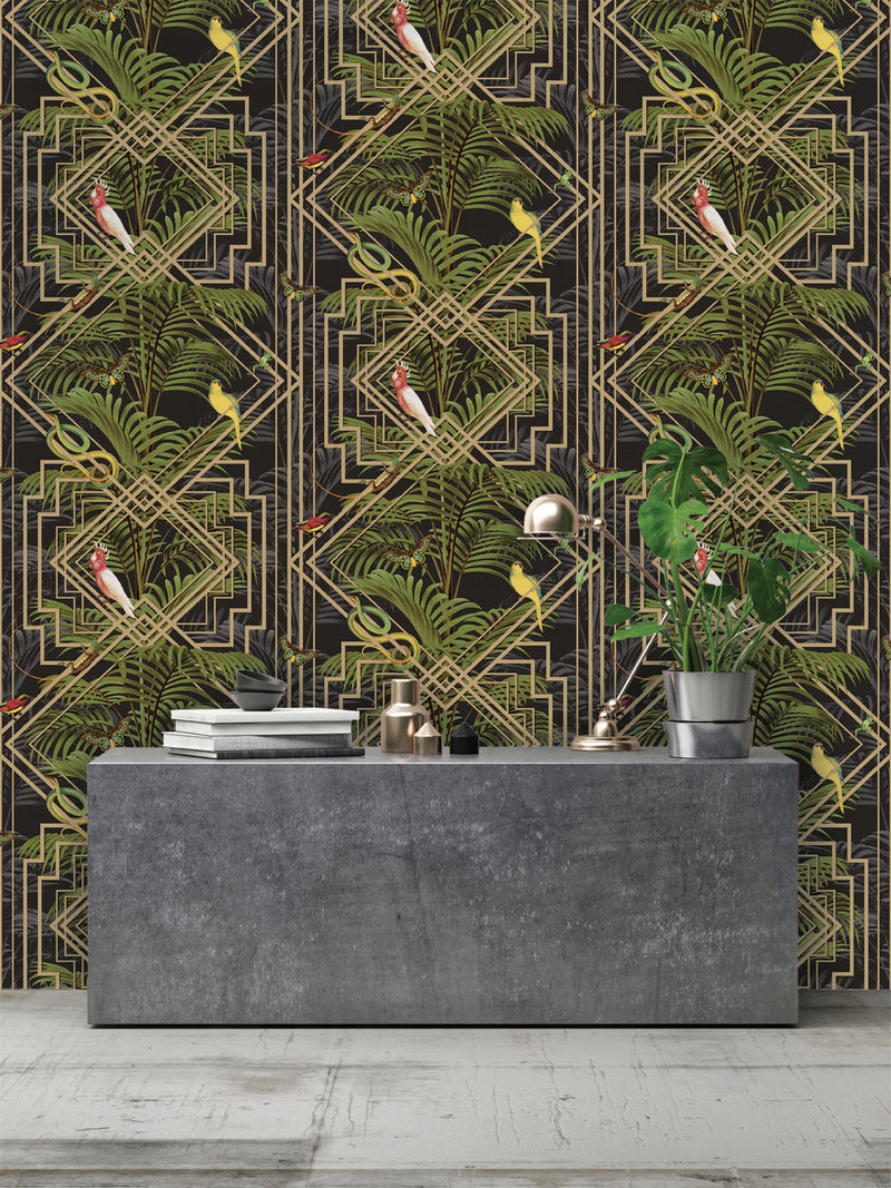 Akello - Tropical Art Deco Wallpaper - Black/Gold