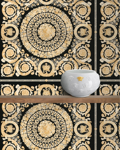Versace Crown Moulding Wallpaper - Black/Gold/Creme