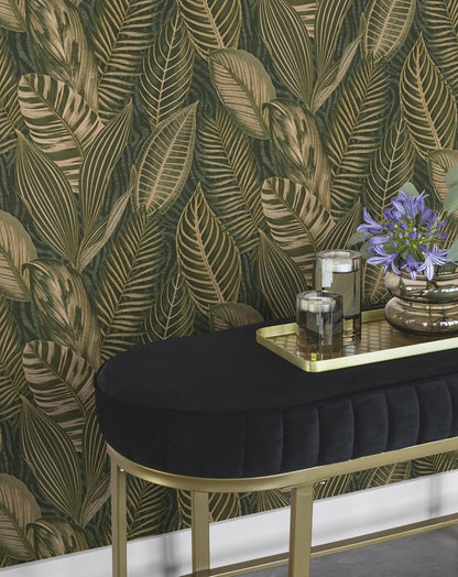 Exotic Leaves Wallpaper - Dark Green and Gold