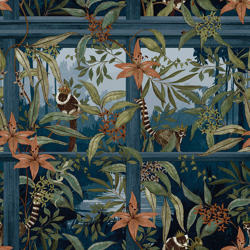 Comoro - Window Trailing Floral Wallpaper - Navy