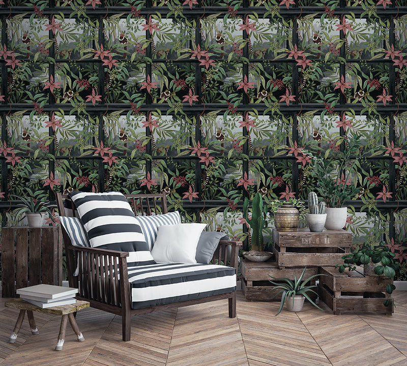 Comoro - Window Trailing Floral Wallpaper - Charcoal