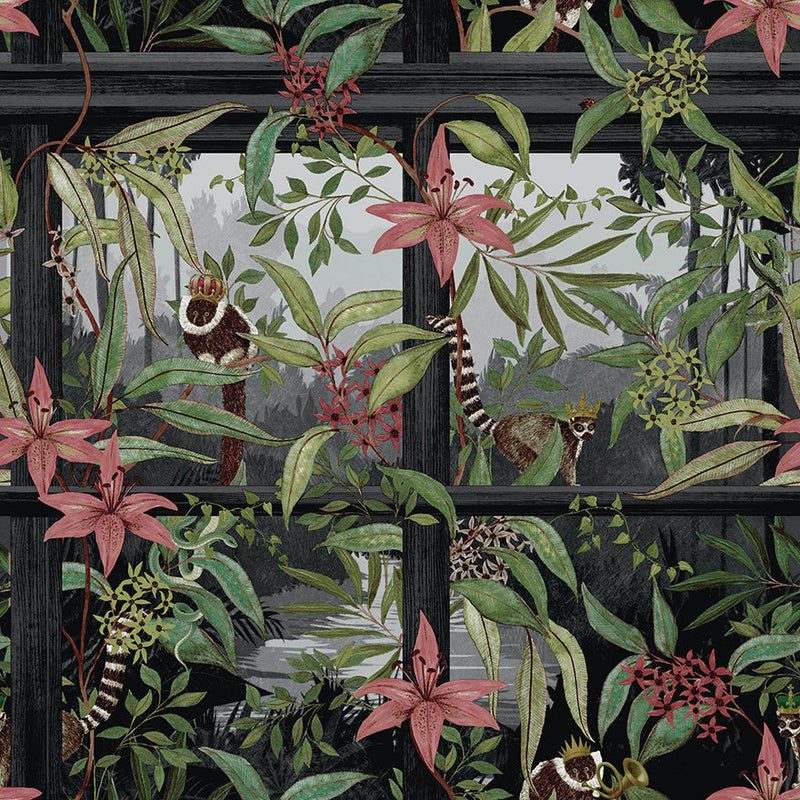 Comoro - Window Trailing Floral Wallpaper - Charcoal