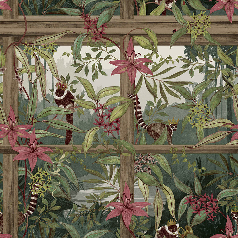 Comoro - Window Trailing Floral Wallpaper - Light Wood