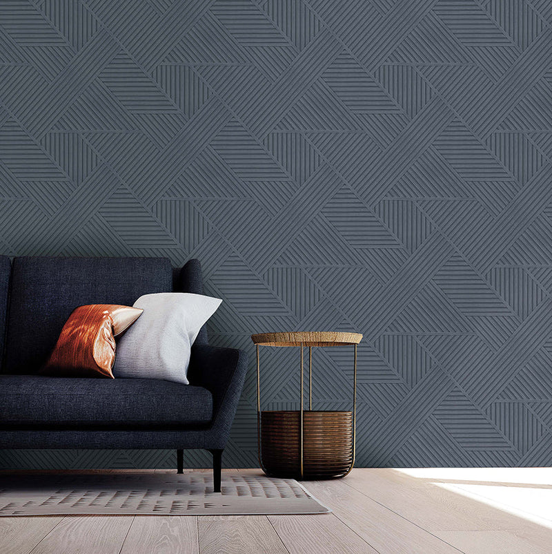 Elba - Geometric Wood Panel Wallpaper - Navy