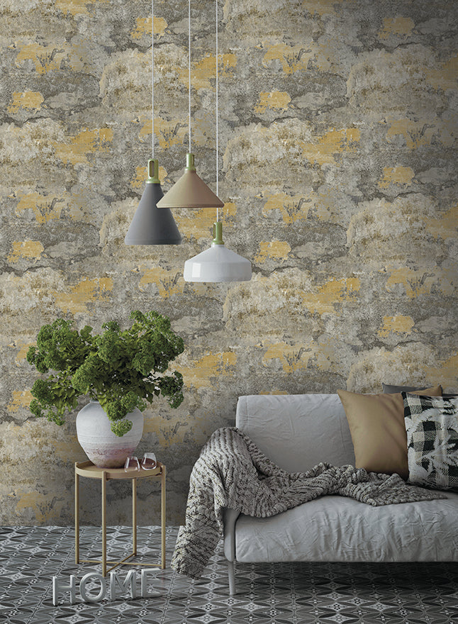 Elgon - Distressed Concrete Wallpaper - Ochre