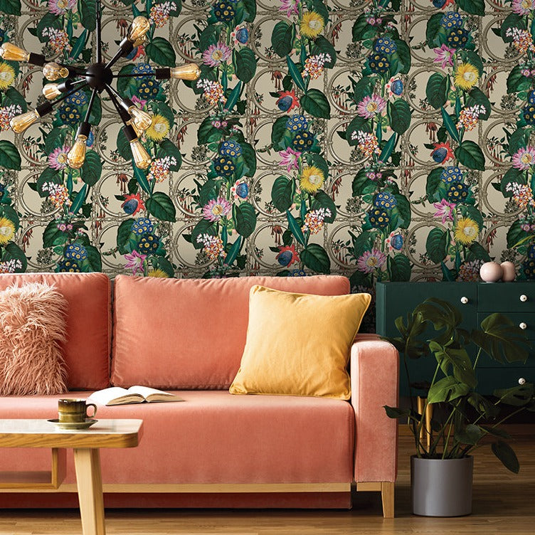 Alata - Floral Trellis Wallpaper - Beige Shine