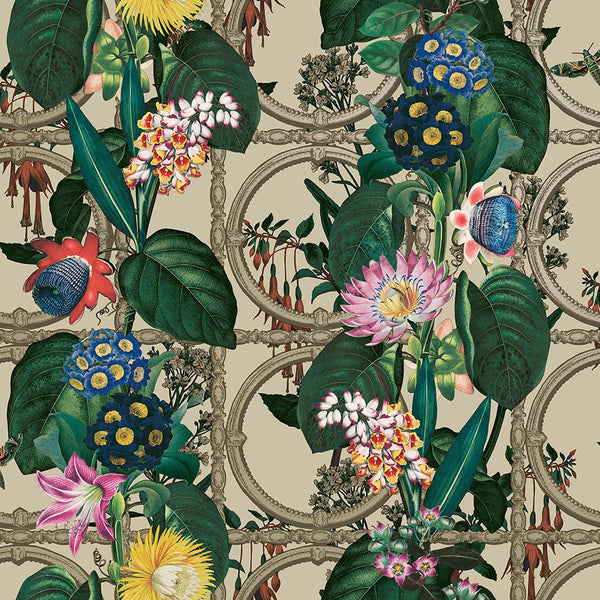 Sample - Alata - Floral Trellis Wallpaper - Beige Shine