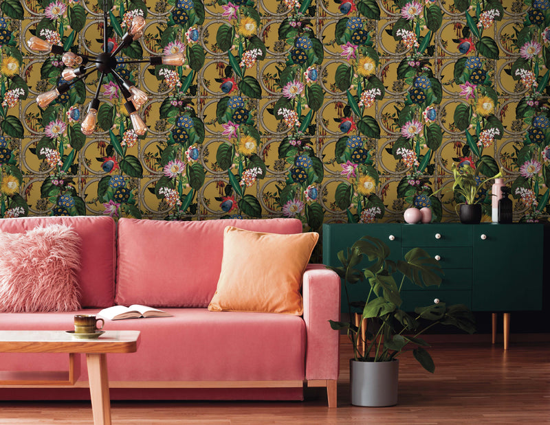 Alata - floral trellis wallpaper - Ochre