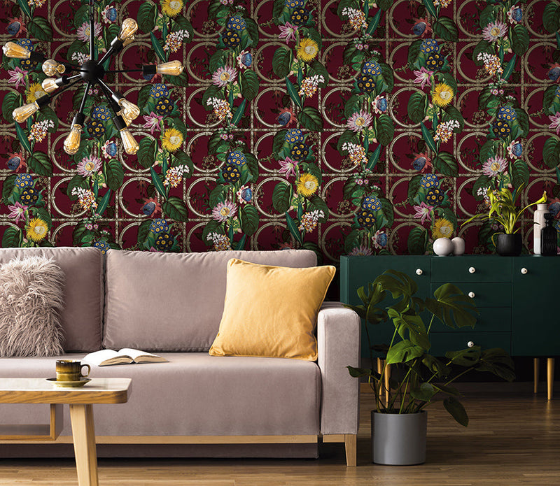Alata - Floral Trellis Wallpaper - Burgundy Shine