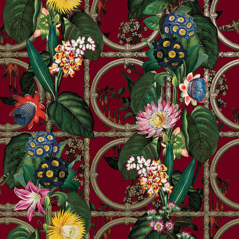 Alata - Floral Trellis Wallpaper - Burgundy Shine
